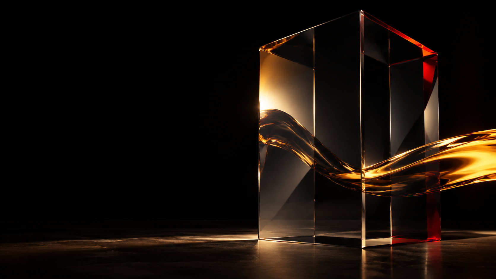 A translucent glass prism crossed by a ribbon of amber light in a dark studio